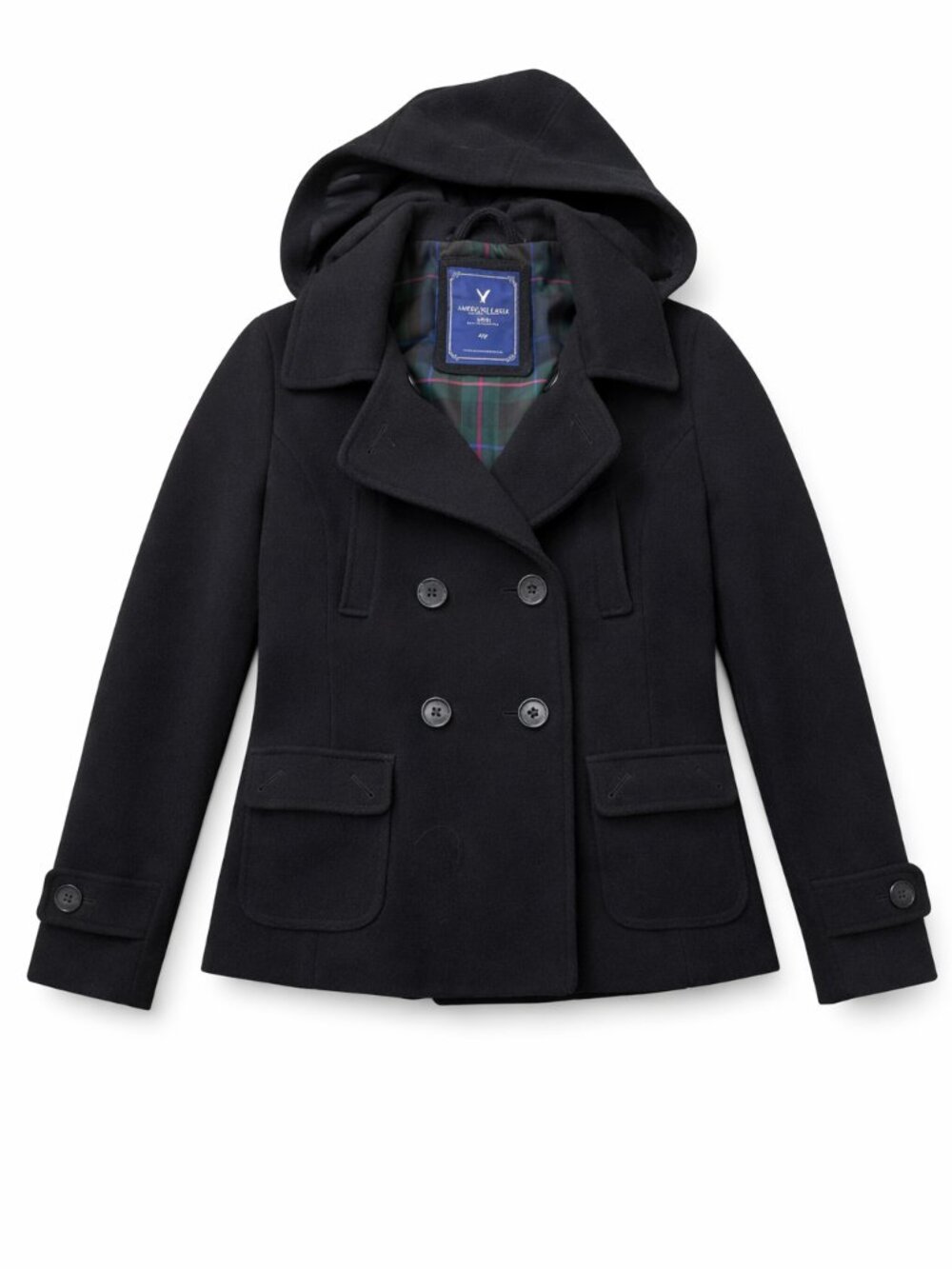 American Eagle Outfitters Black Wool Hooded Peacoat Womens Large